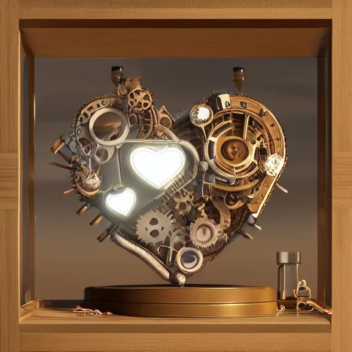 Prompt: mechanical human heart in glass display case, trending on artstation, steampunk, octane render