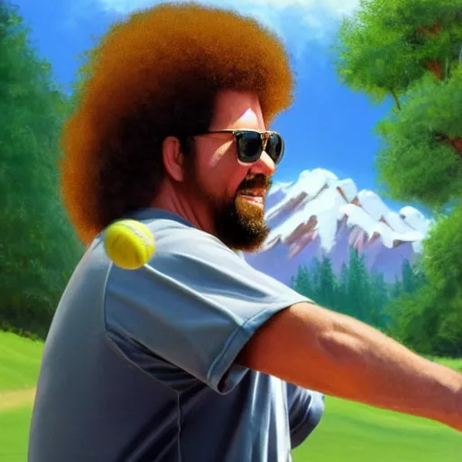 Image similar to a closeup photorealistic photograph of bob ross painting an image of kenny powers pitching a baseball on a canvas. mountains and trees. film still. brightly lit scene. this 4 k hd image is trending on artstation, featured on behance, well - rendered, extra crisp, features intricate detail, epic composition and the style of unreal engine.