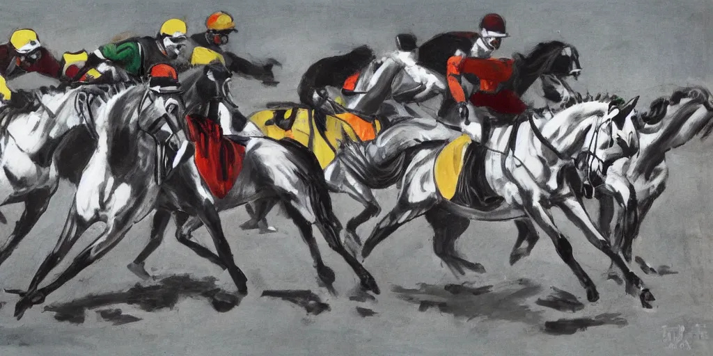 Image similar to horse race, black and white with color highlights, italian futurism style