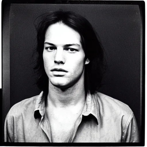 Image similar to Mugshot Portrait of Young David Gilmour, taken in the 1970s, photo taken on a 1970s polaroid camera, grainy, real life, hyperrealistic, ultra realistic, realistic, highly detailed, epic, HD quality, 8k resolution, body and headshot, film still, front facing, front view, headshot and bodyshot, detailed face, very detailed face