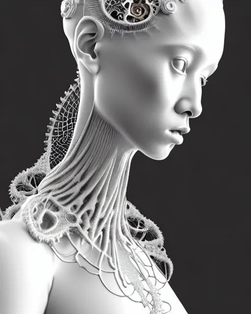 Image similar to bw 3 d render, stunning beautiful young angelic cute biomechanical albino female cyborg with a porcelain profile face, rim light, big leaves and stems, roots, fine foliage lace, alexander mcqueen, art nouveau fashion embroidered collar, steampunk, silver filigree details, hexagonal mesh wire, mandelbrot fractal, elegant, artstation trending