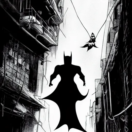 Prompt: the batman appearing out of the shadows in an alley, artwork by jim lee, frightening, fear, scary, intimidating, digital art