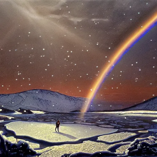 Image similar to a horsesnake on an ice lake in a snowstorm, beautiful lighting, rainbows, by larry elmore