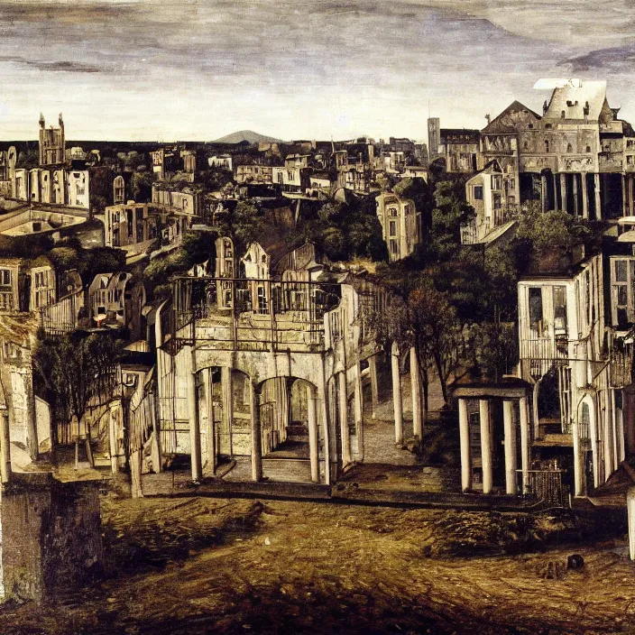 Prompt: a building in a landscape, by paul delvaux