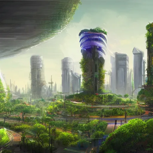 Solarpunk city with lush greenery and glowing sun