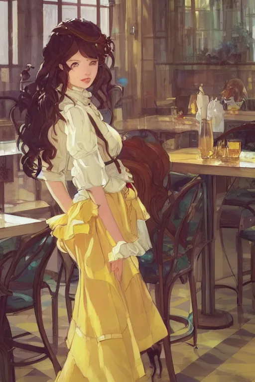 Image similar to A girl in a maid's outfit in a cafe a afternoon, wavy hair yellow theme,S line,45 angel by krenz cushart and mucha and trnyteal and greg rutkowski