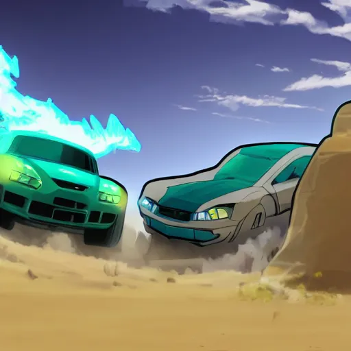 Image similar to blue knight vs dragon, green car in desert, makoto shinkai, dbz, 4 k, artstation