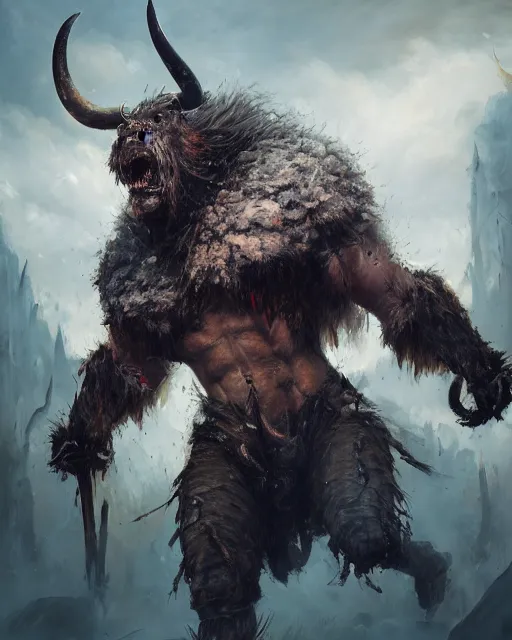 Prompt: oil painting of Angry Anthropomorphized Cow Berserker, wearing fur armor, claws, sharp focus, attack pose, fantasy style, octane render, volumetric lighting, 8k high definition, by greg rutkowski, highly detailed, trending on art Station, magic the gathering artwork, burning Battlefield background, centered