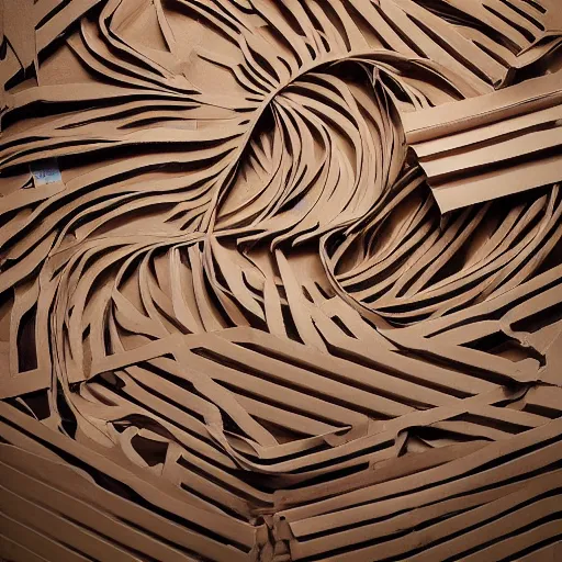 Image similar to many tentacles made of brown corrugated cardboard, cut out of cardboard, realistic photography, fantasy