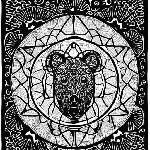 Image similar to detailed, black and white, a bear surrounded by lotus flowers and geometry