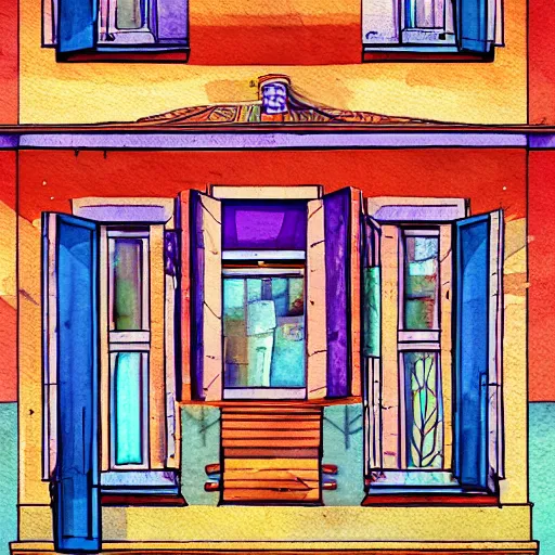 Image similar to a painting beautiful window open front view, digital illustration, colorful architectural drawing, watercolor painting, behance contest winner, vintage, native art, trend in behance hd, 2 d game art, detailed painting