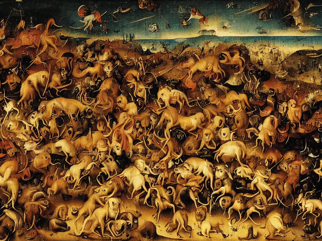 Prompt: dogs in a moshpit at a metal festival jumping and growling at each other, by hieronymus bosch, very wild, cool lighting at sunset, very detailed, concept art, close up