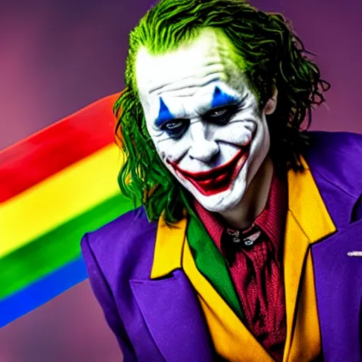 Prompt: the joker waving a rainbow flag