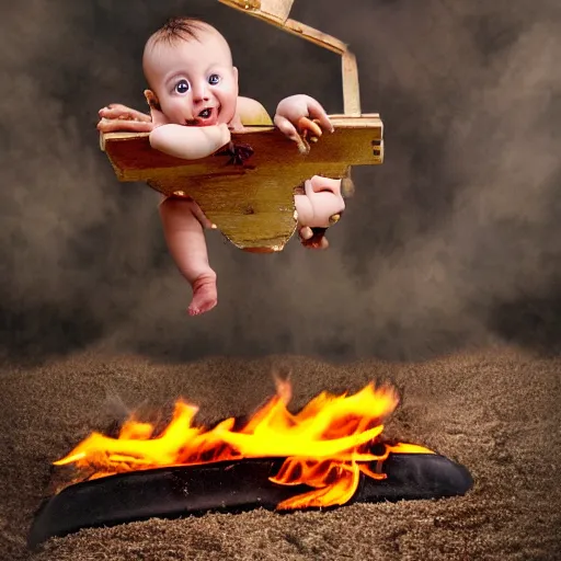 Image similar to a baby flying out of a catapult. on fire. Award-winning photograph