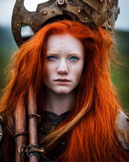 Prompt: north adult female warrior, red hair, ginger hair, long hair, fantasy, female Viking, high detailed, photography, cloudy, lightweight leather armour, Scandinavia, plain, detailed face, beautiful face, beautiful girl, look into the distance, professional model, glowing skin, serious face, full body, professional photographer, masterpiece, 50 mm, 8k, 3D