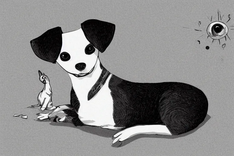 Image similar to cute black and white jack russel terrier laying on dog bed, large round eyes, concept art, fantasy illustration, by victo ngai and diego gisbert llorens