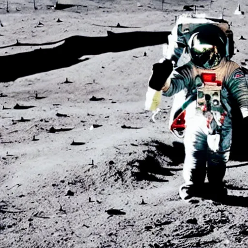 Image similar to penguin astronaut wearing helmet, standing next to the Apollo lunar lander. TV footage