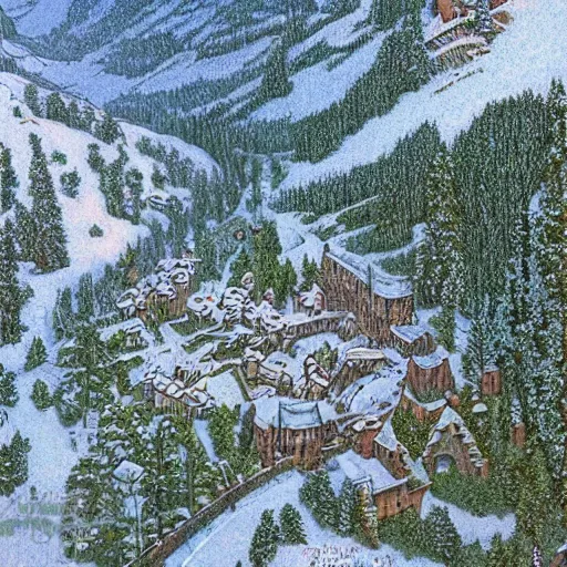 Prompt: An aerial view of a narrow valley, winter time, dark pine trees, a small village, a tall castle guarding one end, fantasy style, Dungeons and Dragons, art by Moebius, art by James Gurney, hyper detailed, high quality