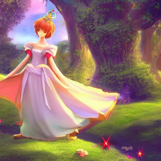 Image similar to a pleasant, beautiful, funny, smooth 3D CG render, semirealistic anime style, a noble priestess magician princess girl wearing dress and jewelry, in a glorious magic kingdom, relaxing calm vibes, fairytale
