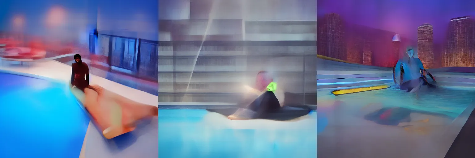 Prompt: william shatner floating on a float in a swimming pool on the rooftop of a luxury penthouse at nightlow energy background with neon city lights painting hyper realistic