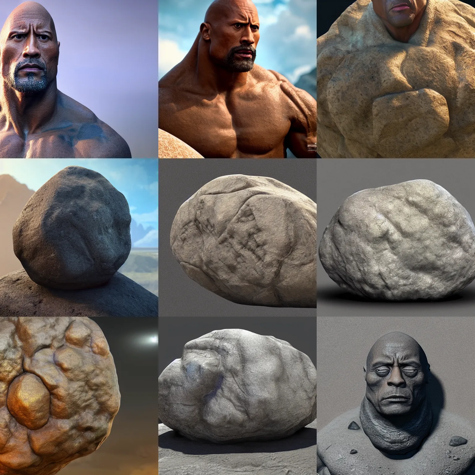 Prompt: dwayne johnson is a boulder rock made of stone, octane render, 8 k cinematic still, highly detailed, sculpted in zbrush, textured in substance, featured on artstation