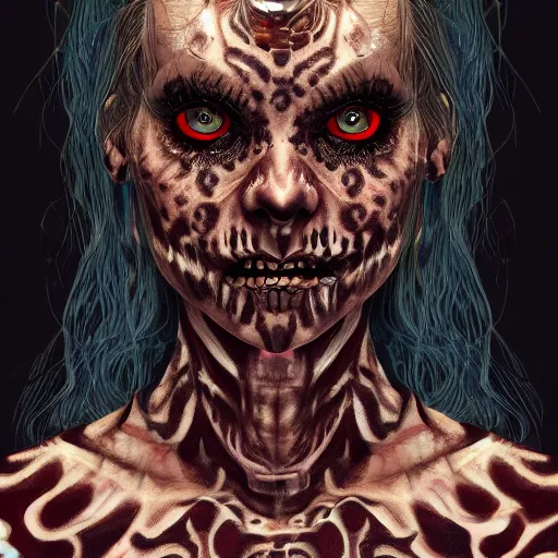 Image similar to A very detailed horrifying portrait painting of the princess of darkness, patterned skin, occult, 8k, trending on artstation cgsociety, masterpiece, in the style of DiscoDiffusion.