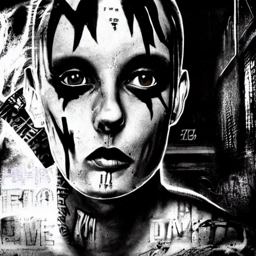 Image similar to die antwoord chappie, back and white, zef design graffiti in the background, dark lighting, digital art