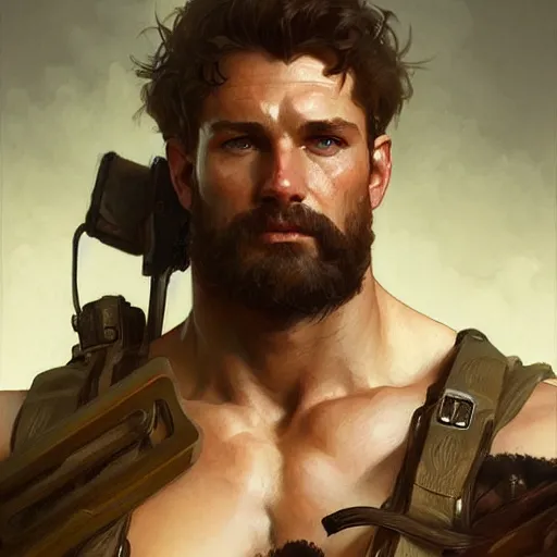 Image similar to portrait of rugged male ranger d & d muscular fantasy intricate elegant highly detailed digital painting artstation concept art smooth sharp focus illustration art by artgerm and greg rutkowski and alphonse mucha