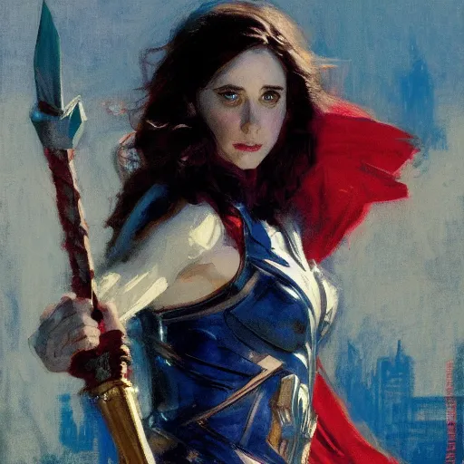 Prompt: alison brie as thor, intricate, elegant, highly detailed, greg manchess, mucha, liepke, ruan jia, jeffrey catherine jones, ridley scott