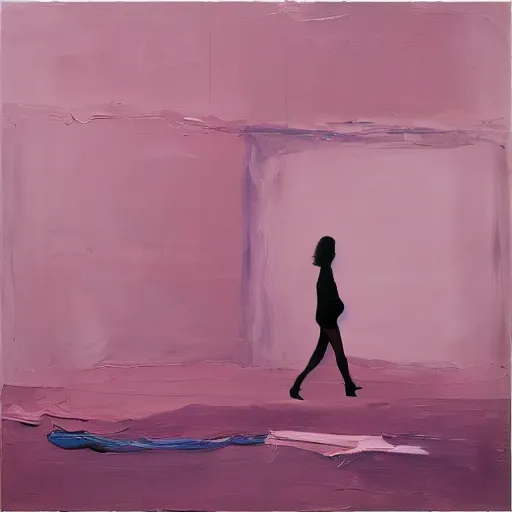 Prompt: _ in _ these _ paintings _ we _ see _ a _ woman _ who _ seem _ to _ be _ walking _ in _ circles in an empty void space, 4 k, in the style of ben quilty, hyper realism, minimal pink palette, medium shot, oil paint with thick brushstrokes of paint, impasto, detailed,