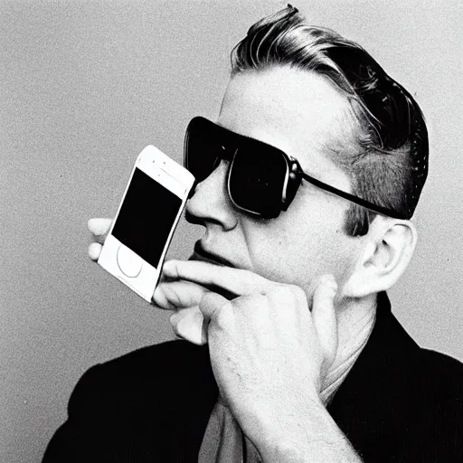 Prompt: Portrait of a blond man with a broad face in his mid 40's looking at his Iphone. He is unshaven, wears expensive sunglasses and a Pepsi cap. SLR photo