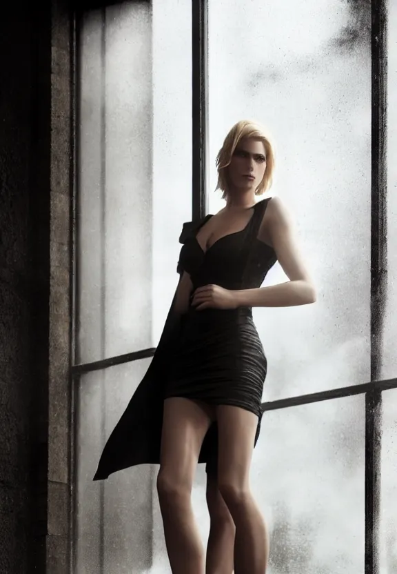 Image similar to beautiful model annie leonhart posing with open toe heels in dunwall city, beautiful face, detailed face, cinematic lighting, rainy weather, melancholy atmosphere, volumetric light, octane render, dishonored 1, gothic architecture, realistic reflections, octane render 8 k, model agency, playboy cover shot