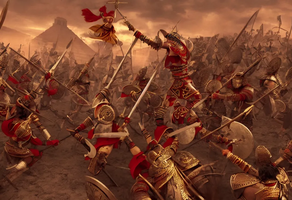 Image similar to a aztec warrior fighting the pope, high quality CG render, 4K