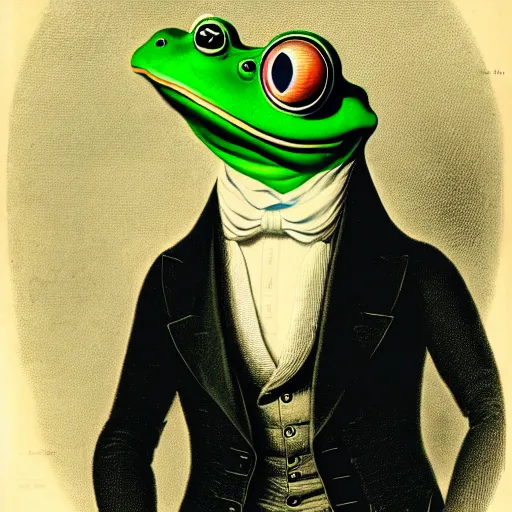Image similar to a head and shoulders portrait of an anthropomorphic frog wearing a suit looking off camera, a character portrait by john trumbull, american romanticism, soft focus