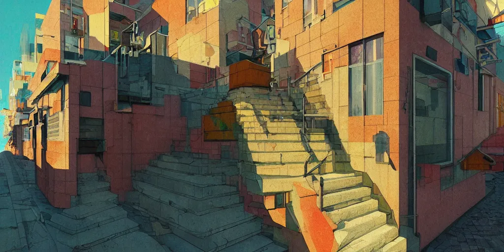 Image similar to neo brutralism, concrete housing, a long stairway going up, concept art, colorful, vivid colors, sunshine, light, shadows, reflections, oilpainting, cinematic, 3D, in the style of Akihiko Yoshida and Edward Hopper