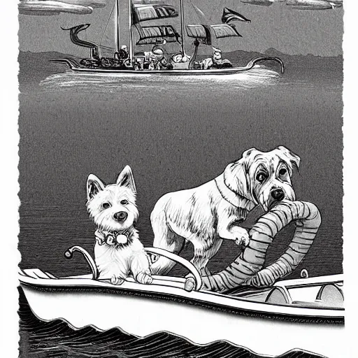 Prompt: a masterpiece detailed illustration of a cute dog on a boat. the scene is detailed and beautiful. the illustration combines the style of michael foreman and jane clarke. 3 / 4 view.