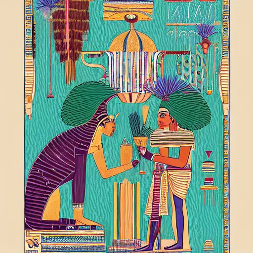 Image similar to illustration of to pout, in colors egyptian # 1 1 3 4 a 6, maya # 7 3 c 2 fb, cornflower # 6 6 9 3 fs, mint 9 8 fb 9 8, pine # 0 1 7 9 6 f, by studio multi and victo ngai