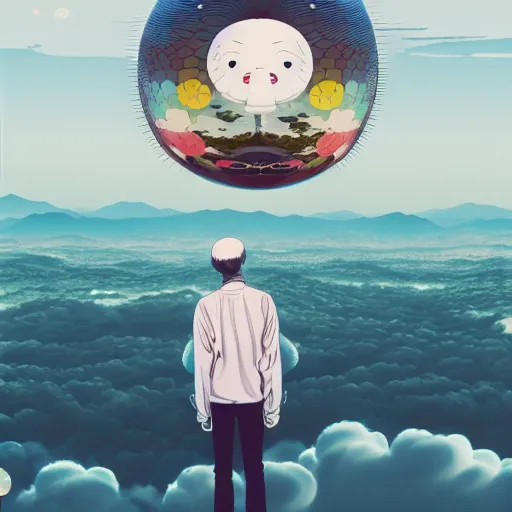 Image similar to a man walking on clouds away from the camera above kyoto by takashi murakami, beeple and james jean, aya takano color style, 4 k, super detailed, modern, 4 k, symmetrical