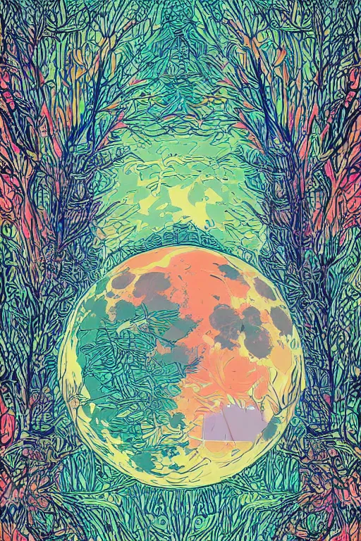 Image similar to close up portrait of the full big moon in a forest, colorful vector graphic, .eps, .ai, Adobe Illustrator, clear lines and clear shapes, intricate, 8k highly professionally detailed, HDR, CGsociety