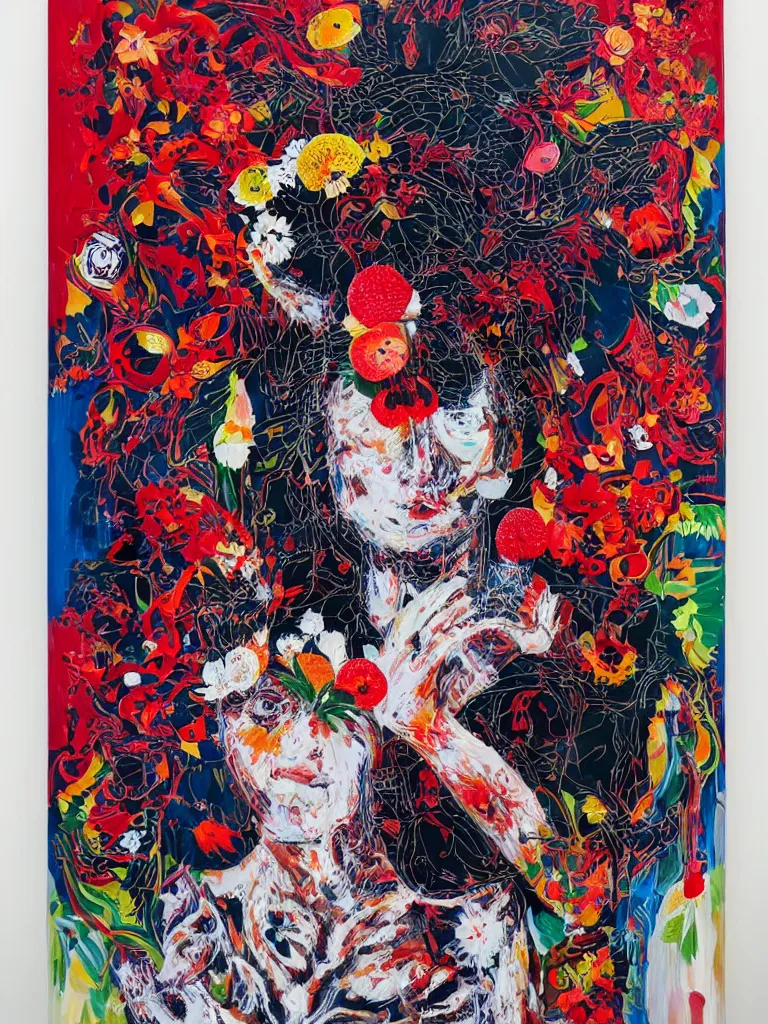 Prompt: “art in an Australian artist’s apartment, portrait of a woman wearing white cotton cloth, eating luscious fresh raspberries and strawberries and blueberries, edible flowers, black background, aboriginal and Japanese style, Dreamtime, Eora, Gadigal, intricate, bold colour, acrylic and spray paint and wax and oilstick on canvas”