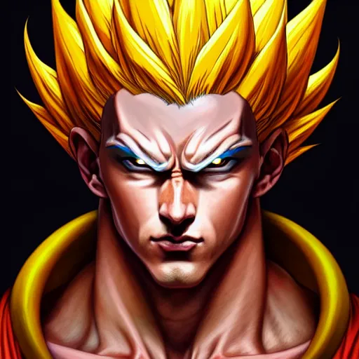 Image similar to symmetry!! intense portrait of sangoku ssj, intricate, elegant, highly detailed, my rendition, digital painting, artstation, concept art, smooth, sharp focus, illustration, art by artgerm and greg rutkowski and alphonse mucha