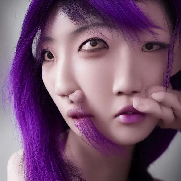 Image similar to Close up portrait of a young Asian Cyberpunk woman with dark purple hair, highly detailed, high quality, HD, 4K, 8K, Canon 300mm, professional photographer, 40mp, lifelike, top-rated, award winning, realistic, sharp, no blur, edited, corrected, trending