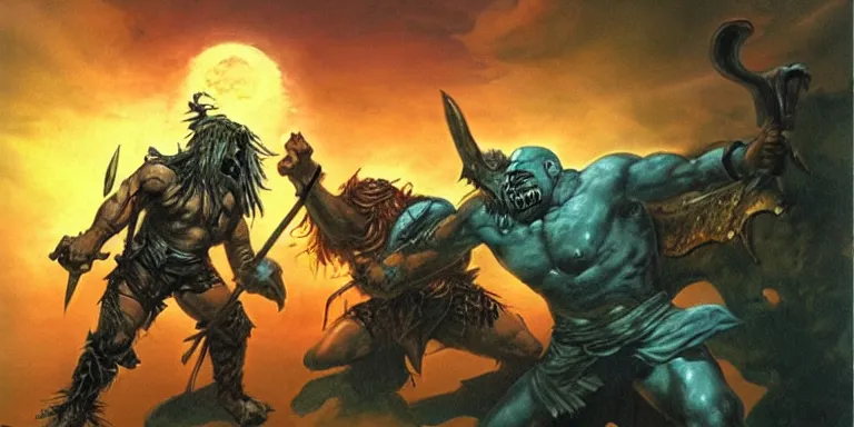 Image similar to the undead barbarian warrior fights a god, night scene, concept art by boris vallejo and michael whelan