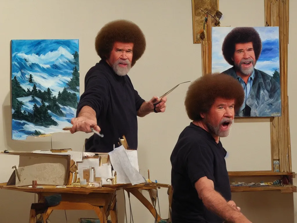 Image similar to bob ross is sad and yelling at a painting by bob ross