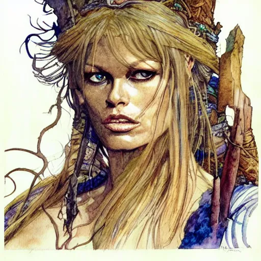 Image similar to a realistic and atmospheric watercolour fantasy character concept art portrait of brigitte bardot as a druidic warrior wizard looking at the camera with an intelligent gaze by rebecca guay, michael kaluta, charles vess and jean moebius giraud