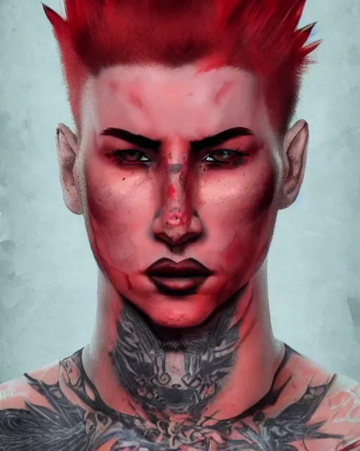 Prompt: young man with a short red mohawk, red irises and a slim face, piercings, dressed in crustpunk clothing, headshot, attractive, handsome, model, trending on artstation, high quality art, character design, realism art, award winning art, clean face, in color, no makeup, no tattoos, no facial hair