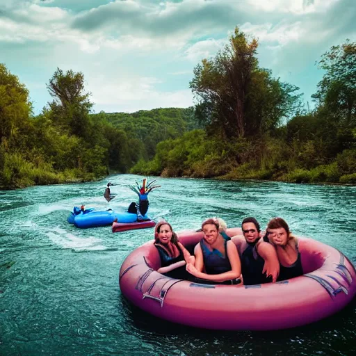 Image similar to a group of 4 people on 4 separate inner tubes floating on a river, there are dinosaurs in the background, dramatic lighting, cinematic