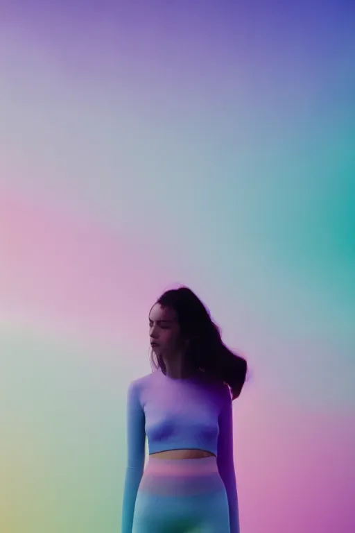 Image similar to high quality pastel coloured film photograph of a model wearing clothing resting on cloud furniture in a nordic black rock environment in a partially haze filled dreamstate world. three point light, rainbow. photographic production. art directed. pastel colours. volumetric clouds. pastel gradient overlay. waves glitch artefacts. 8 k. filmic.