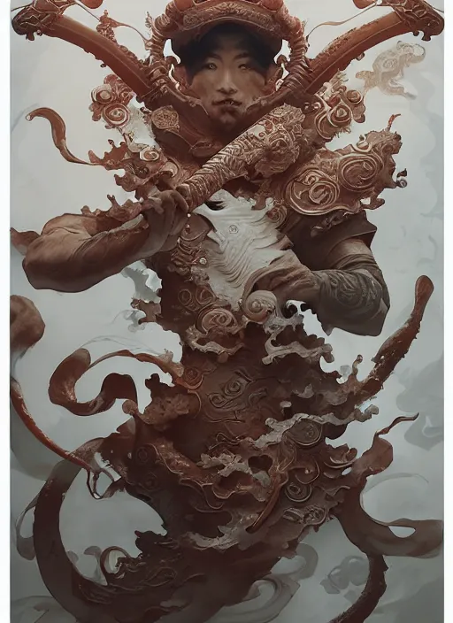 Prompt: subsurface scattering, white, koi, samurai deity with koi armor, art nouveau swirls, cinematic lighting, octane render, by jesper ejsing, james jean, justin gerard, tomasz alen kopera, cgsociety and fenghua zhong, highly detailed, rim light, art, very coherent, cinematic, hyper realism, high detail, 8 k