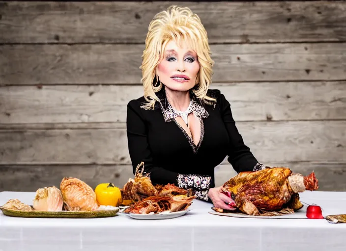 Image similar to photo still of dolly parton at the county fair!!!!!!!! at age 3 6 years old 3 6 years of age!!!!!!!! eating a turkey leg, 8 k, 8 5 mm f 1. 8, studio lighting, rim light, right side key light